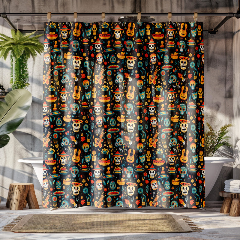 Colorful Mexican Day of the Dead Shower Curtain |Lightweight 100% Polyester, Water and Mildew Resistant, Multiple sizes with Hooks