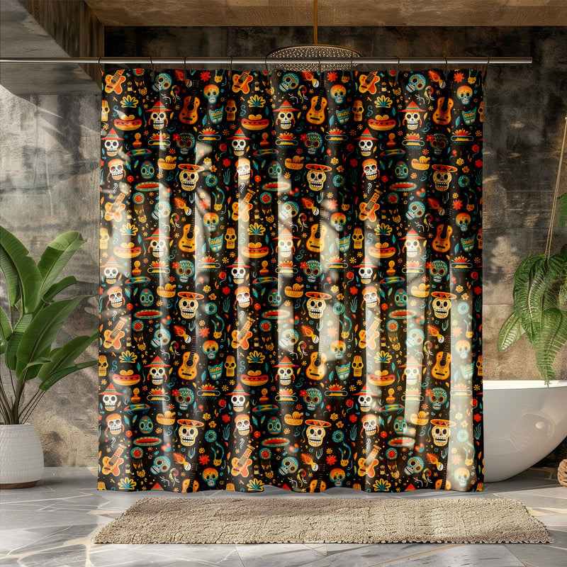 Colorful Mexican Day of the Dead Shower Curtain |Lightweight 100% Polyester, Water and Mildew Resistant, Multiple sizes with Hooks