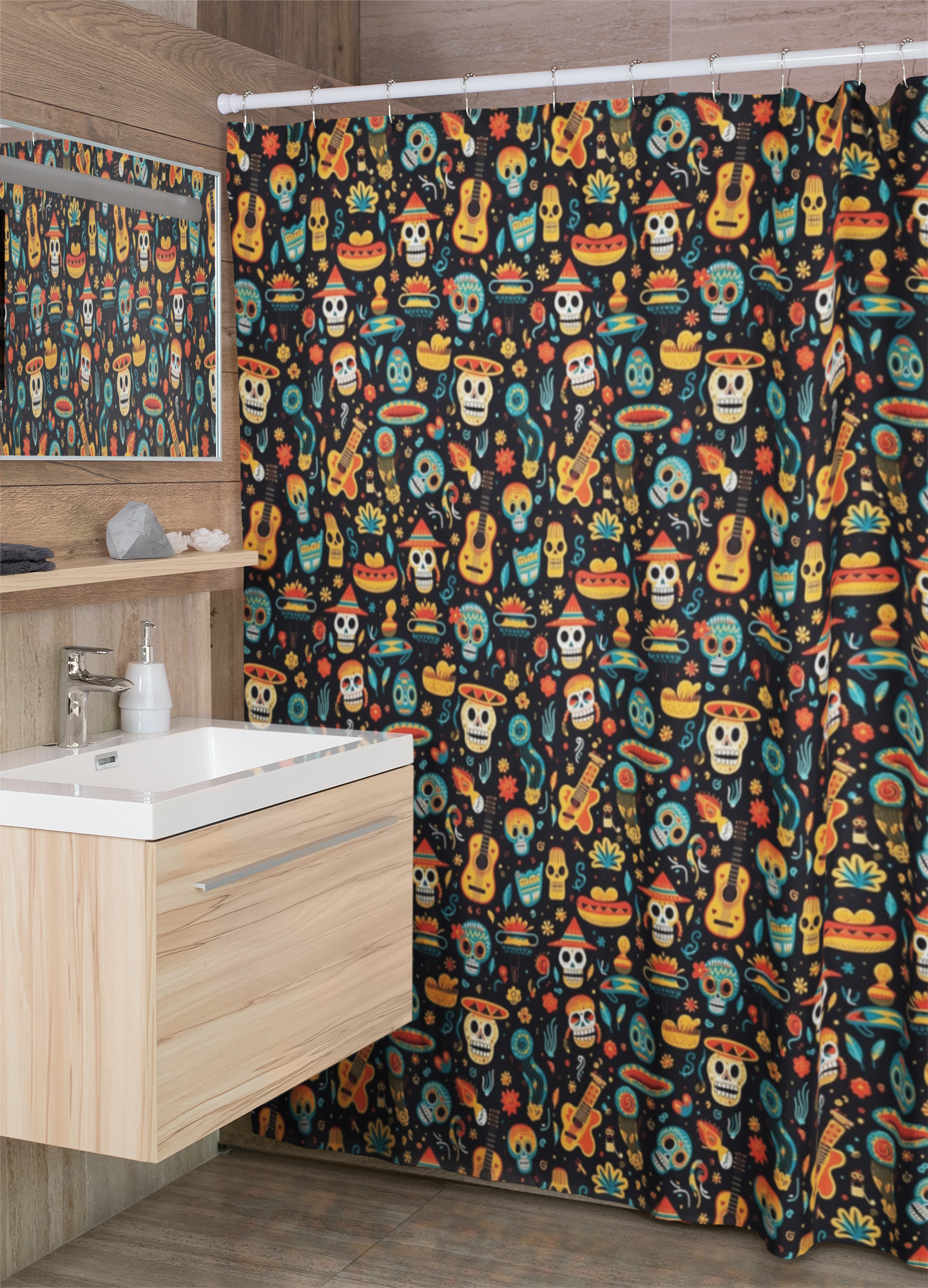 Colorful Mexican Day of the Dead Shower Curtain |Lightweight 100% Polyester, Water and Mildew Resistant, Multiple sizes with Hooks