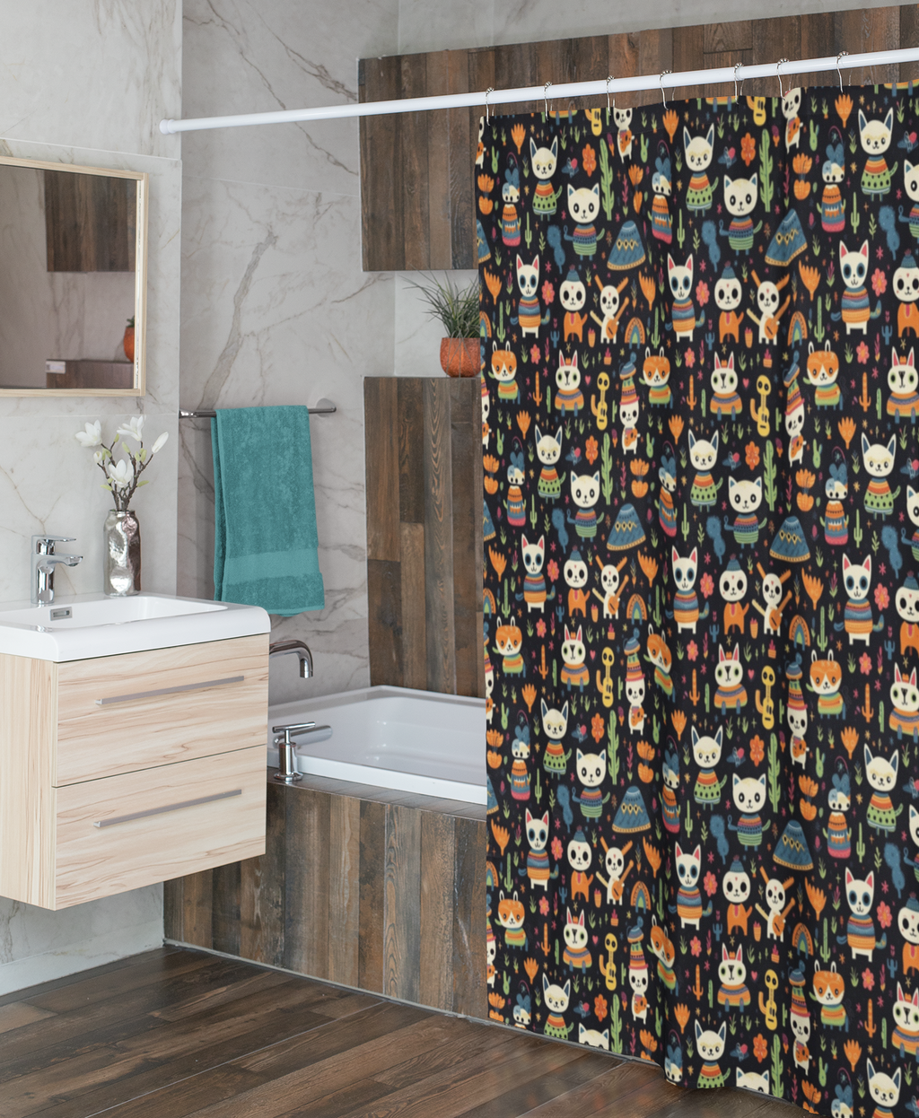 day of the dead animal shower curtain fabric and design detail