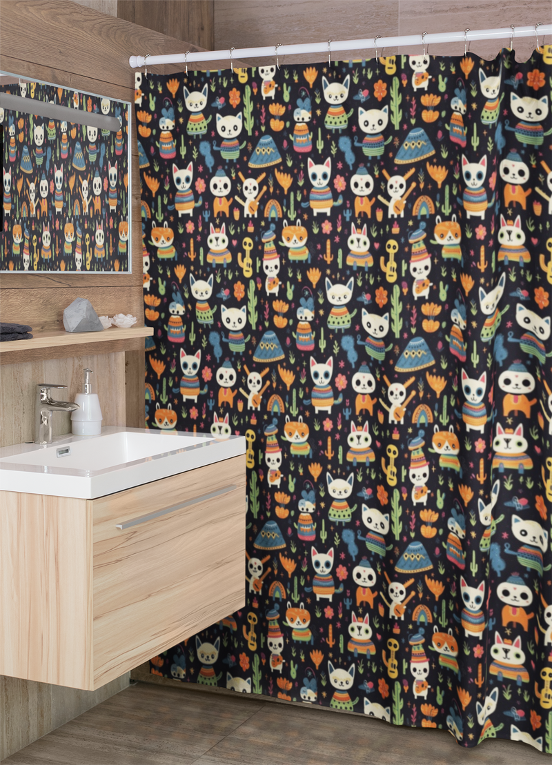 Mexican Day of the Dead Animals Shower Curtain |Lightweight 100% Polyester, Water and Mildew Resistant, Multiple sizes with Hooks