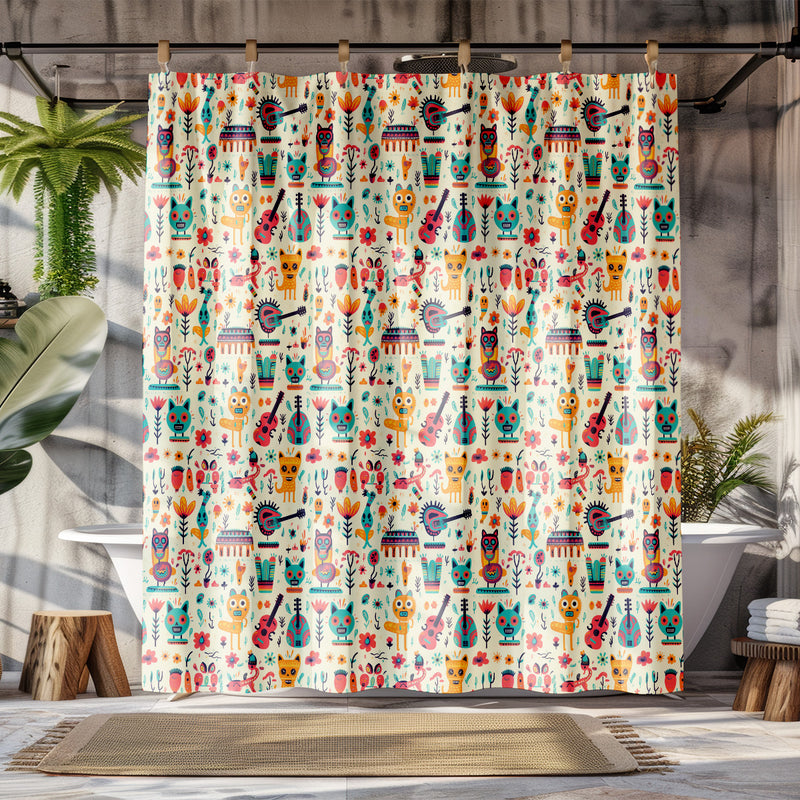 Mexican Animals Day of the Dead Shower Curtain |Lightweight 100% Polyester, Water and Mildew Resistant, Multiple sizes with Hooks