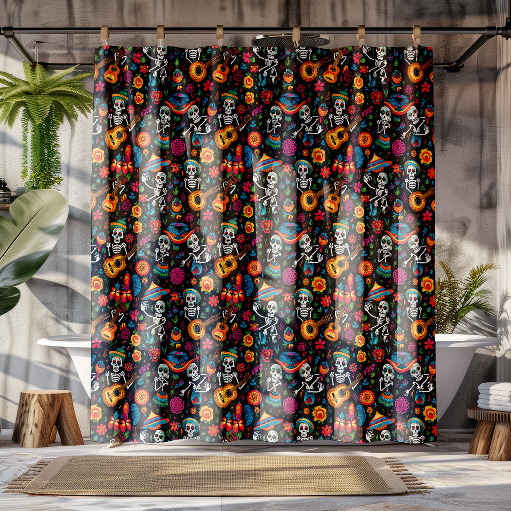 vibrant day of the dead shower curtain styled bathroom display