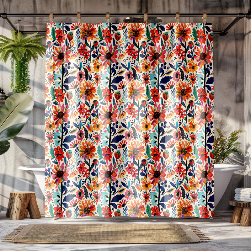 Frida Kahlo’s Vibrant Flowers Shower Curtain | Lightweight 100% Polyester, Water and Mildew Resistant, Multiple sizes with Hooks