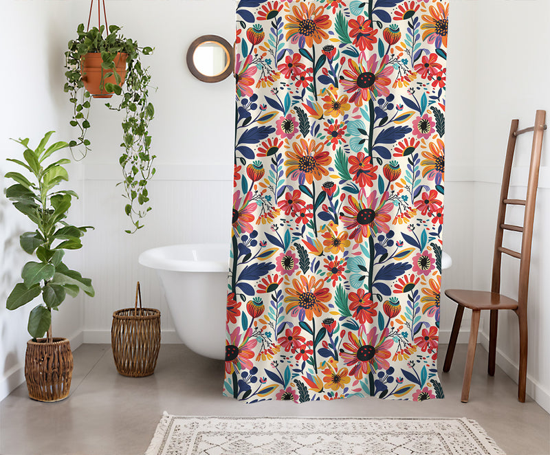 Frida Kahlo’s Vibrant Flowers Shower Curtain | Lightweight 100% Polyester, Water and Mildew Resistant, Multiple sizes with Hooks