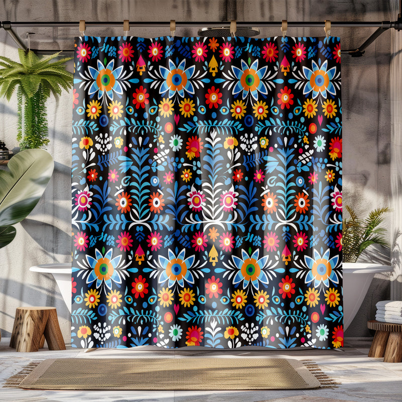 Mexican folk Art Shower Curtain | Lightweight 100% Polyester, Water and Mildew Resistant, Multiple sizes with Hooks