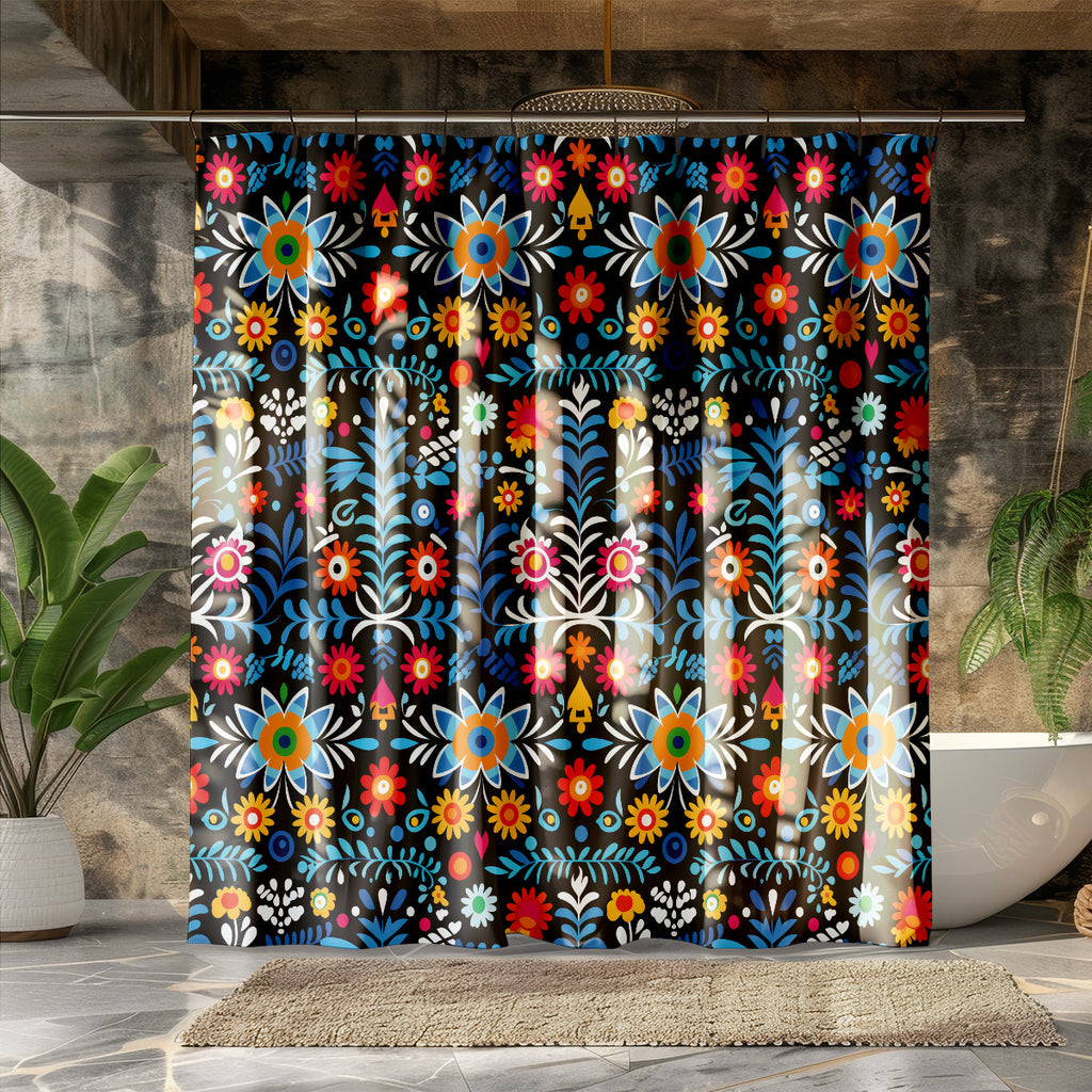 Mexican folk Art Shower Curtain | Lightweight 100% Polyester, Water and Mildew Resistant, Multiple sizes with Hooks