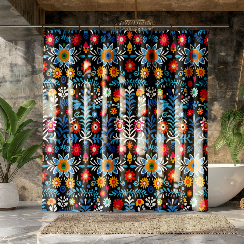 Mexican folk Art Shower Curtain | Lightweight 100% Polyester, Water and Mildew Resistant, Multiple sizes with Hooks