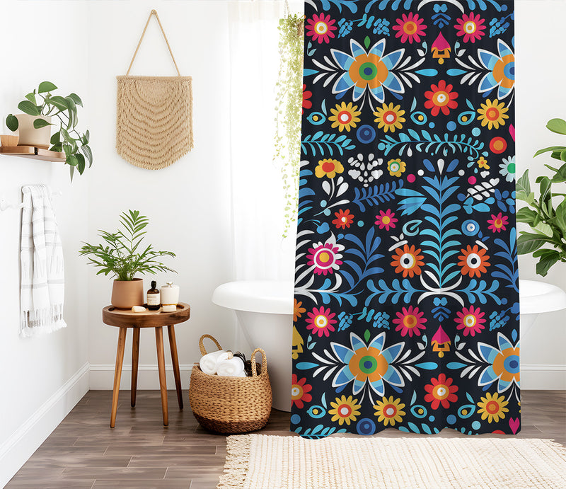 Mexican folk Art Shower Curtain | Lightweight 100% Polyester, Water and Mildew Resistant, Multiple sizes with Hooks