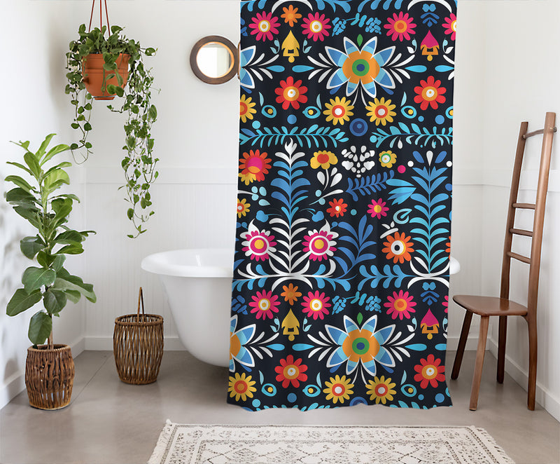 Mexican folk Art Shower Curtain | Lightweight 100% Polyester, Water and Mildew Resistant, Multiple sizes with Hooks