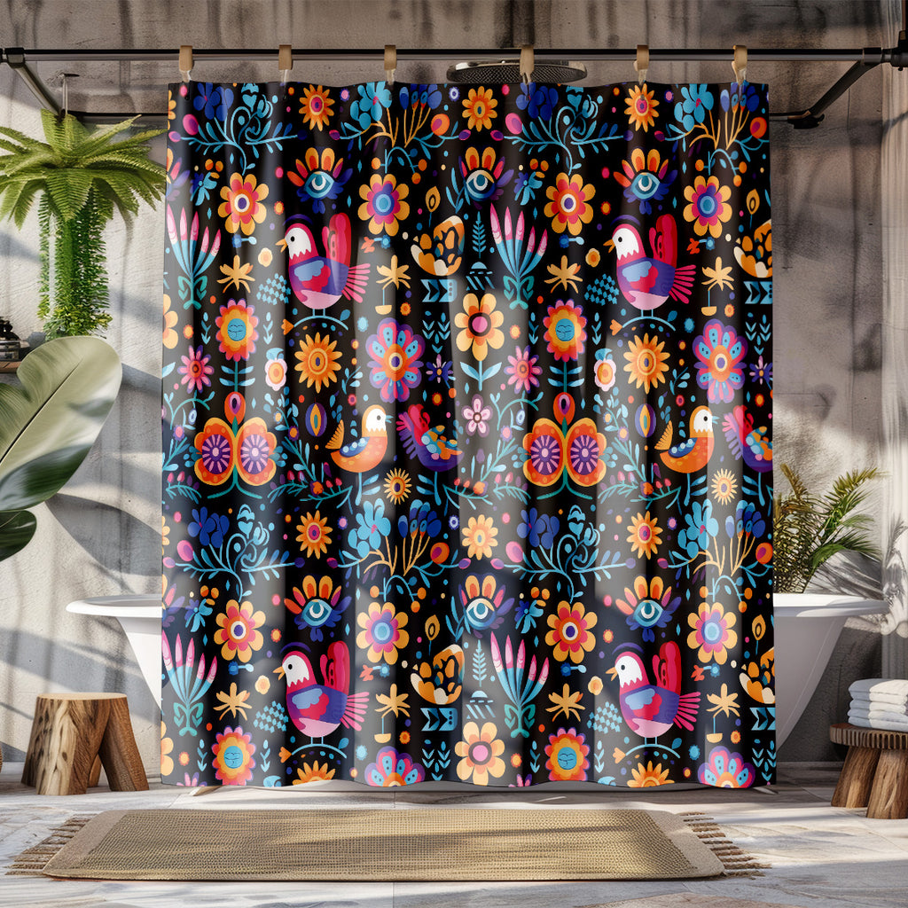 mexican birds and flowers shower curtain product mockup