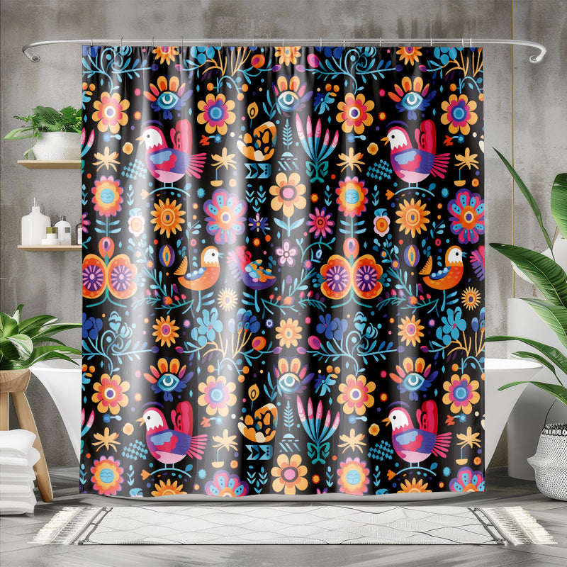 Mexican Colors Folk Art Shower Curtain | Lightweight 100% Polyester, Water and Mildew Resistant, Multiple sizes with Hooks