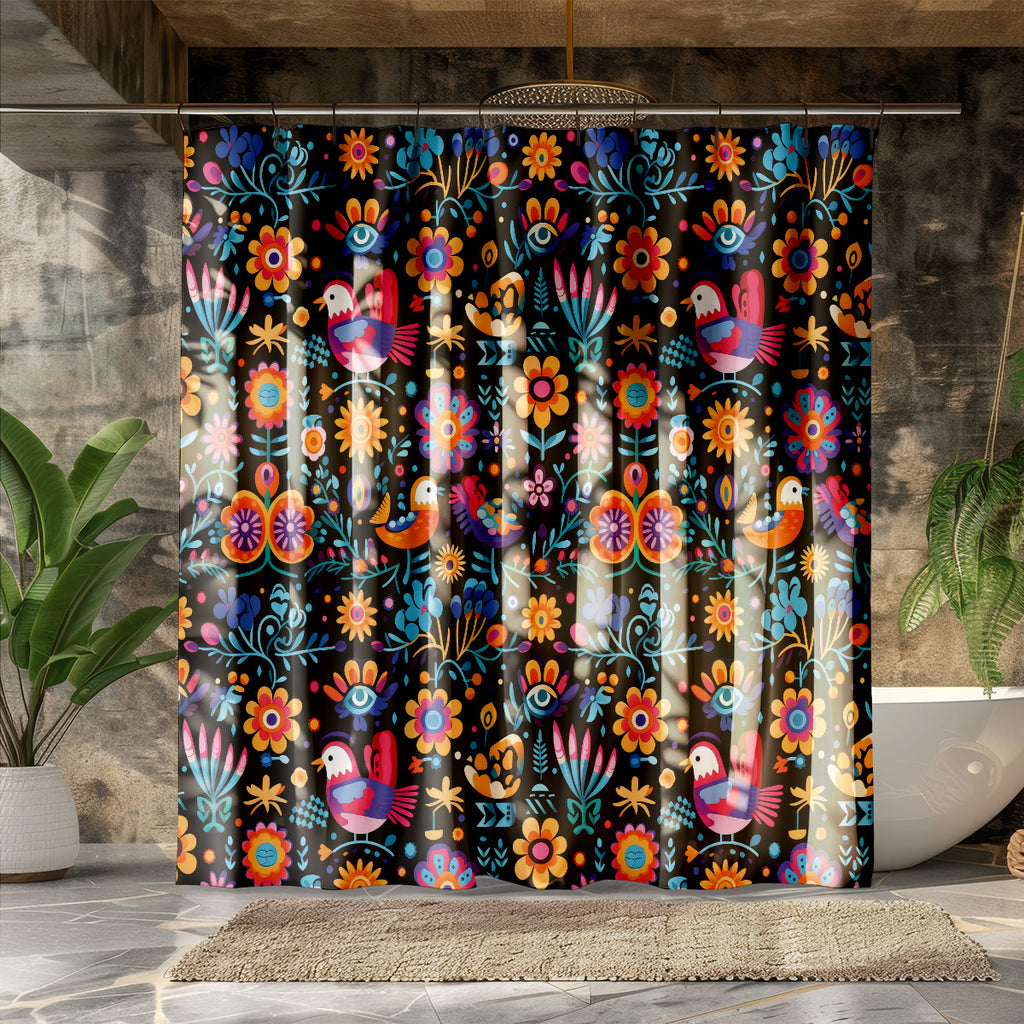 mexican birds and flowers shower curtain styled bathroom display