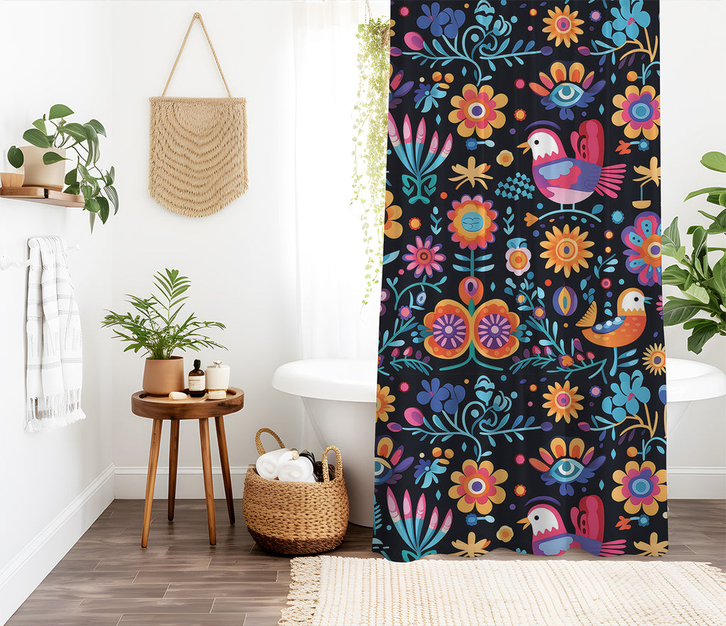 mexican birds and flowers shower curtain fabric and design detail