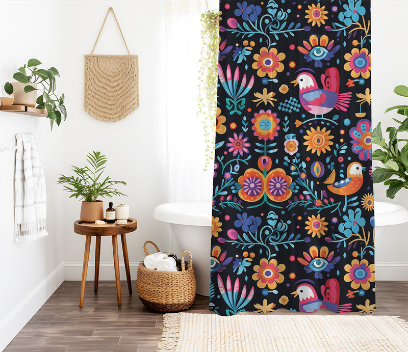 Mexican Colors Folk Art Shower Curtain | Lightweight 100% Polyester, Water and Mildew Resistant, Multiple sizes with Hooks