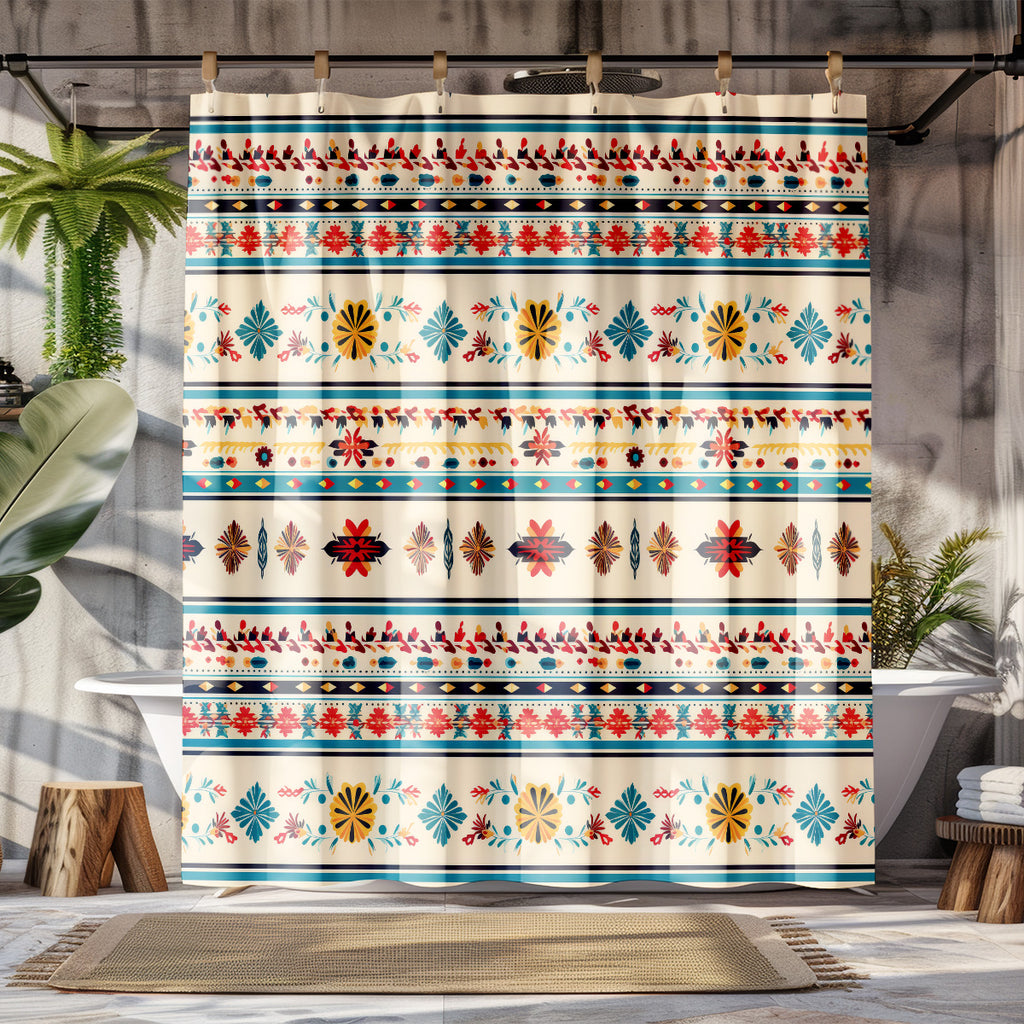 mexican geometric shower curtain styled bathroom display