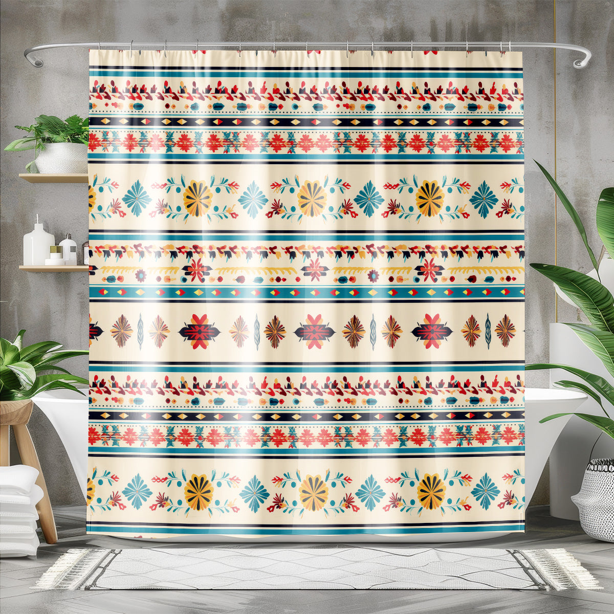 Traditional Mexican Geometric Art Shower Curtain | Lightweight 100% Polyester, Water and Mildew Resistant, Multiple sizes with Hooks