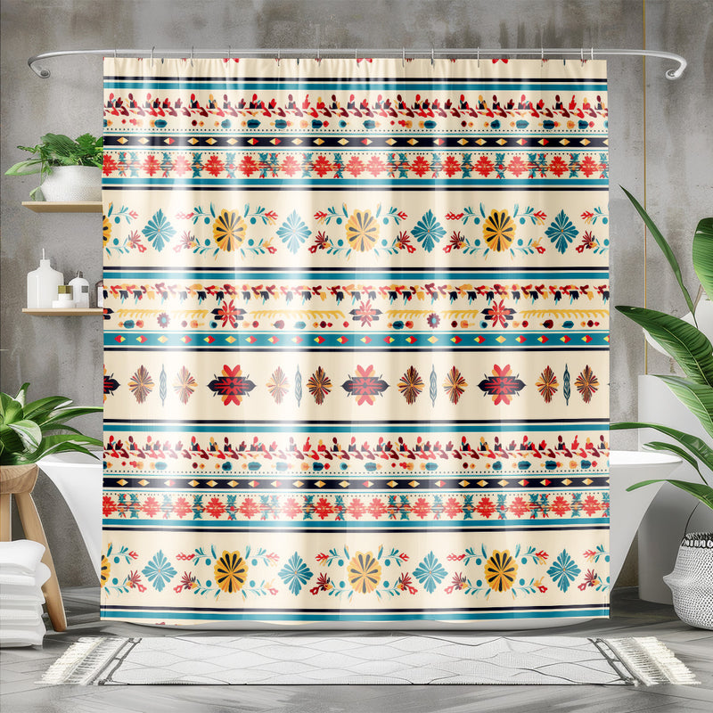 Traditional Mexican Geometric Art Shower Curtain | Lightweight 100% Polyester, Water and Mildew Resistant, Multiple sizes with Hooks