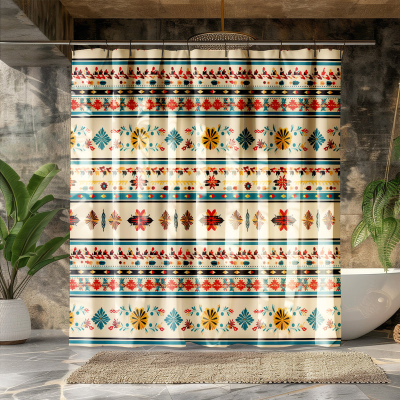 Traditional Mexican Geometric Art Shower Curtain | Lightweight 100% Polyester, Water and Mildew Resistant, Multiple sizes with Hooks