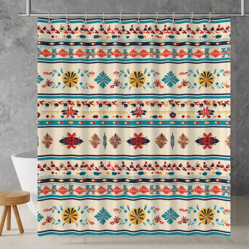 Traditional Mexican Geometric Art Shower Curtain | Lightweight 100% Polyester, Water and Mildew Resistant, Multiple sizes with Hooks