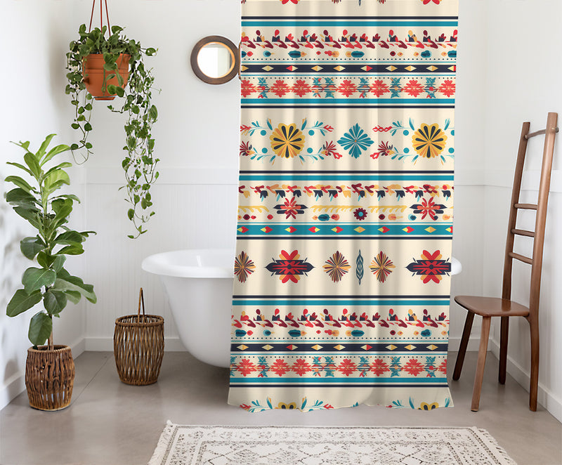 Traditional Mexican Geometric Art Shower Curtain | Lightweight 100% Polyester, Water and Mildew Resistant, Multiple sizes with Hooks