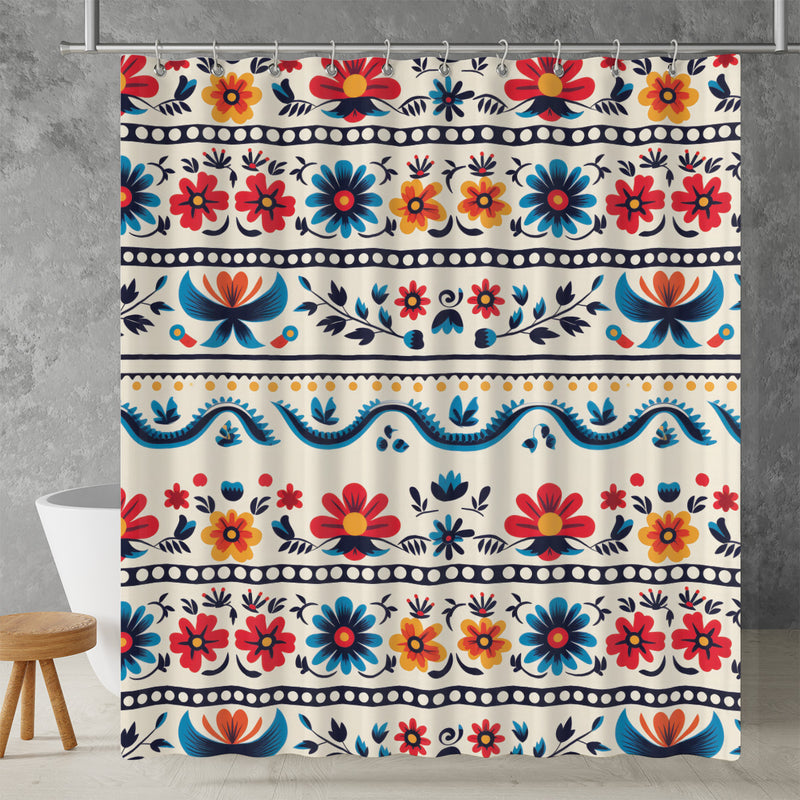 Traditional Mexican Floral Art Shower Curtain | Lightweight 100% Polyester, Water and Mildew Resistant, Multiple sizes with Hooks