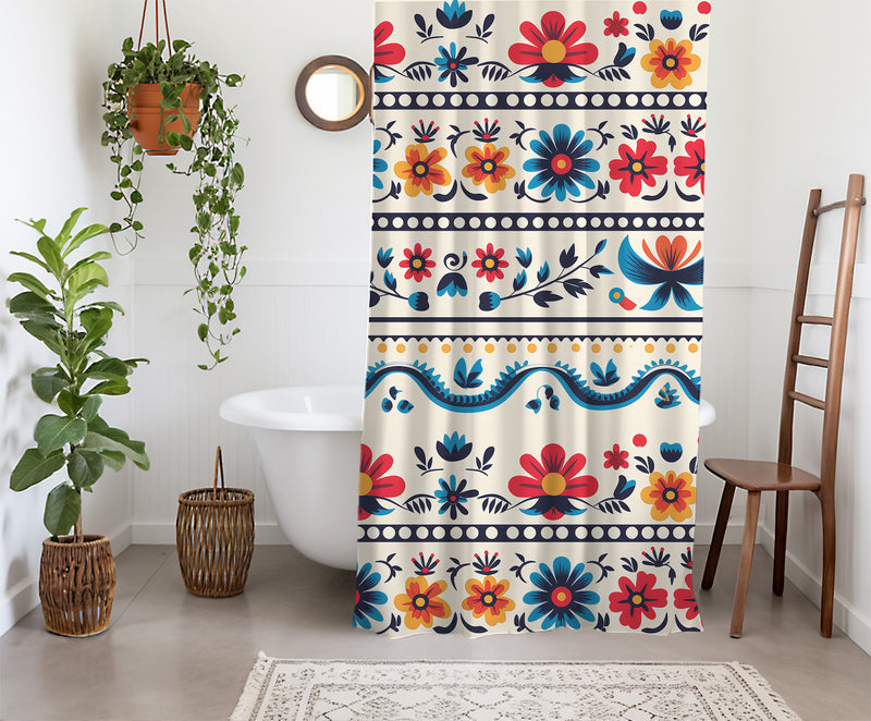 Traditional Mexican Floral Art Shower Curtain | Lightweight 100% Polyester, Water and Mildew Resistant, Multiple sizes with Hooks