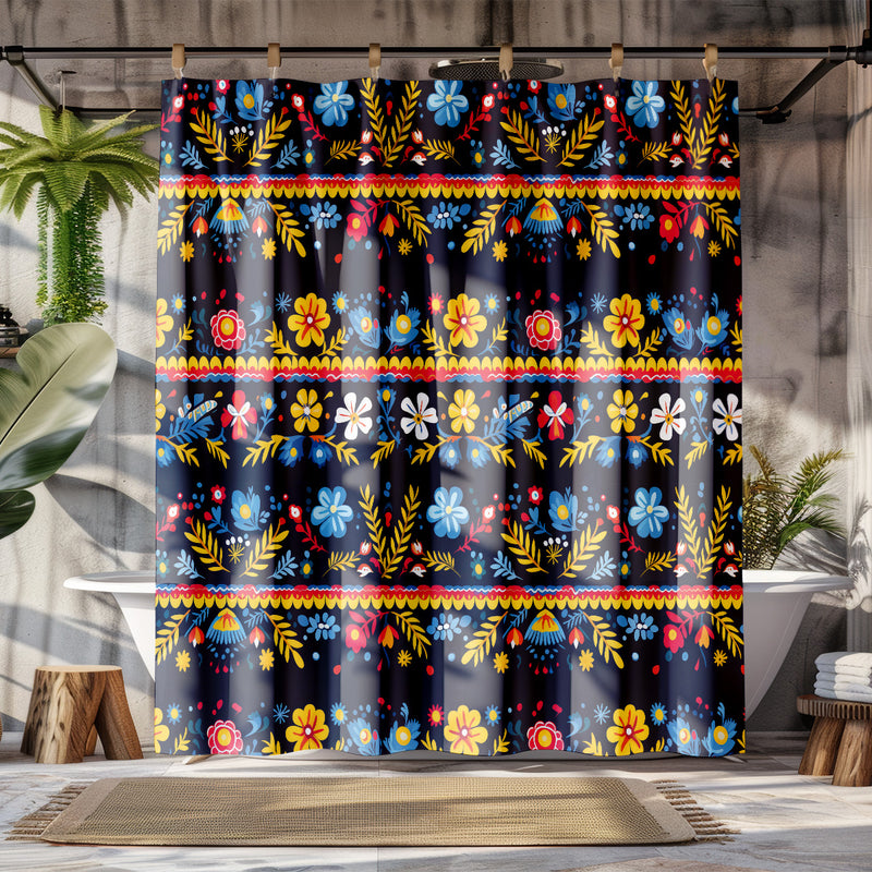 Mexican Traditional Floral Art Shower Curtain | Lightweight 100% Polyester, Water and Mildew Resistant, Multiple sizes with Hooks