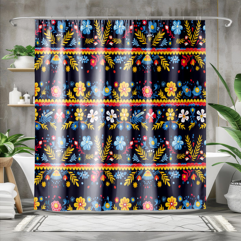 Mexican Traditional Floral Art Shower Curtain | Lightweight 100% Polyester, Water and Mildew Resistant, Multiple sizes with Hooks