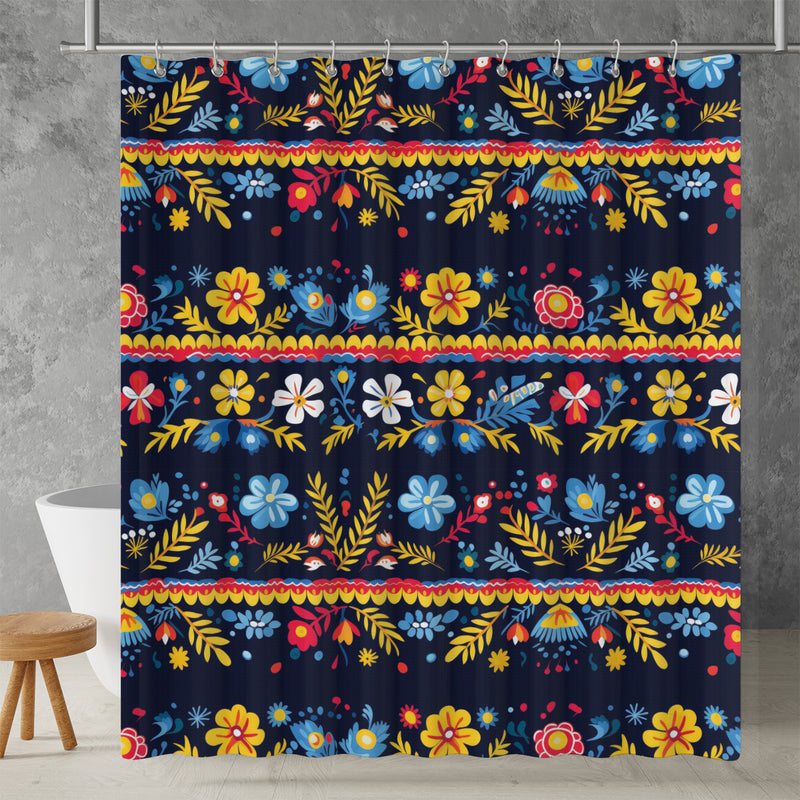 Mexican Traditional Floral Art Shower Curtain | Lightweight 100% Polyester, Water and Mildew Resistant, Multiple sizes with Hooks