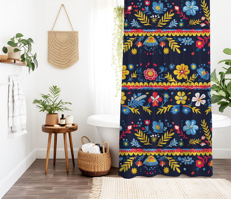 Mexican Traditional Floral Art Shower Curtain | Lightweight 100% Polyester, Water and Mildew Resistant, Multiple sizes with Hooks