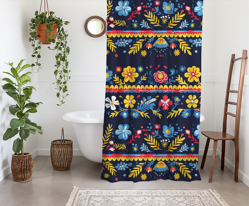 Mexican Traditional Floral Art Shower Curtain | Lightweight 100% Polyester, Water and Mildew Resistant, Multiple sizes with Hooks