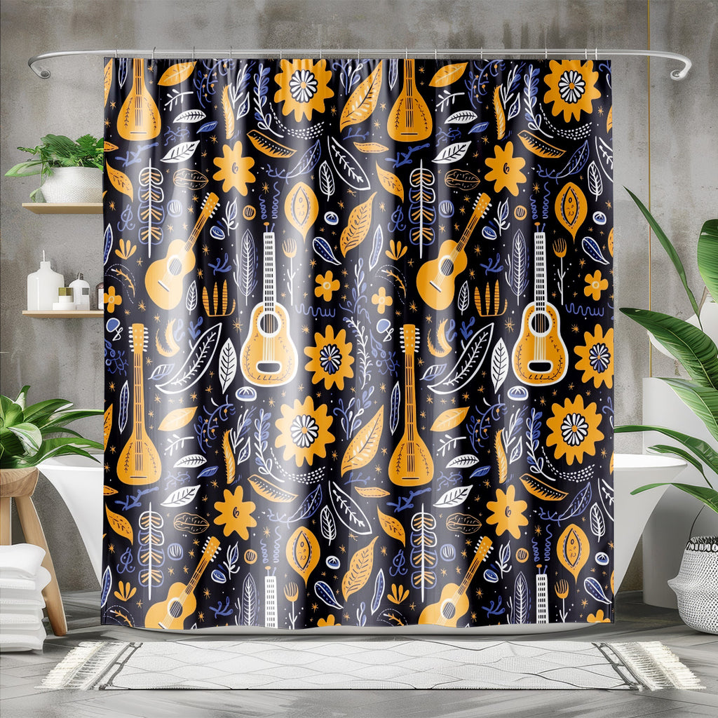 mexican guitar shower curtain fabric and design detail