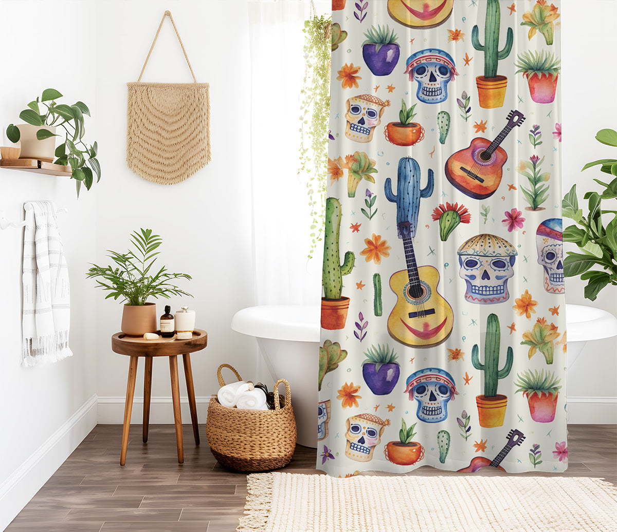 Watercolor Day of the Dead Shower Curtain | Lightweight 100% Polyester, Water and Mildew Resistant, Multiple sizes with Hooks
