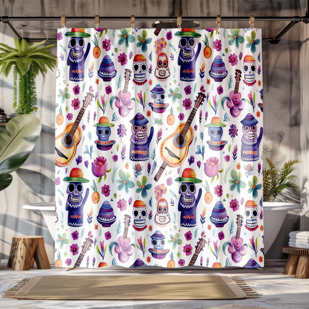 Day of the Dead Watercolor Shower Curtain | Lightweight 100% Polyester, Water and Mildew Resistant, Multiple sizes with Hooks