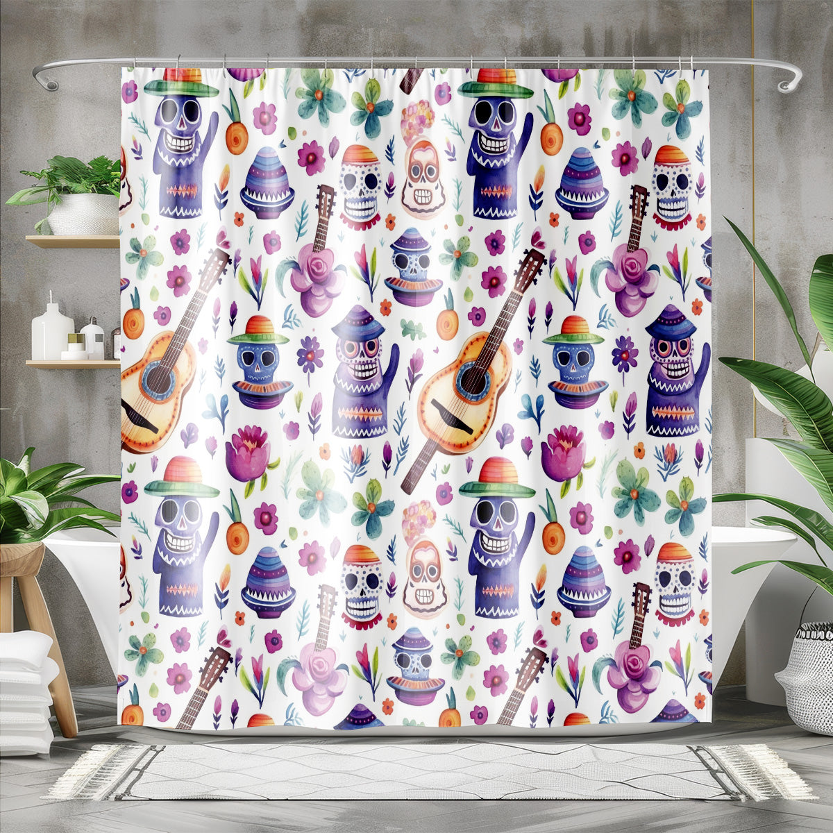 Day of the Dead Watercolor Shower Curtain | Lightweight 100% Polyester, Water and Mildew Resistant, Multiple sizes with Hooks