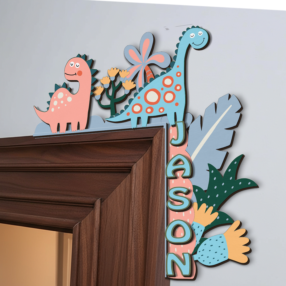 PERSONALIZED Wooden Door Corner | CUSTOM Name Sign | Single/Double Layer | 10” & 15” Sizes | Kids Room Decor | Dinosaur Love