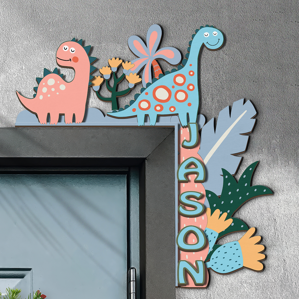 PERSONALIZED Wooden Door Corner | CUSTOM Name Sign | Single/Double Layer | 10” & 15” Sizes | Kids Room Decor | Dinosaur Love