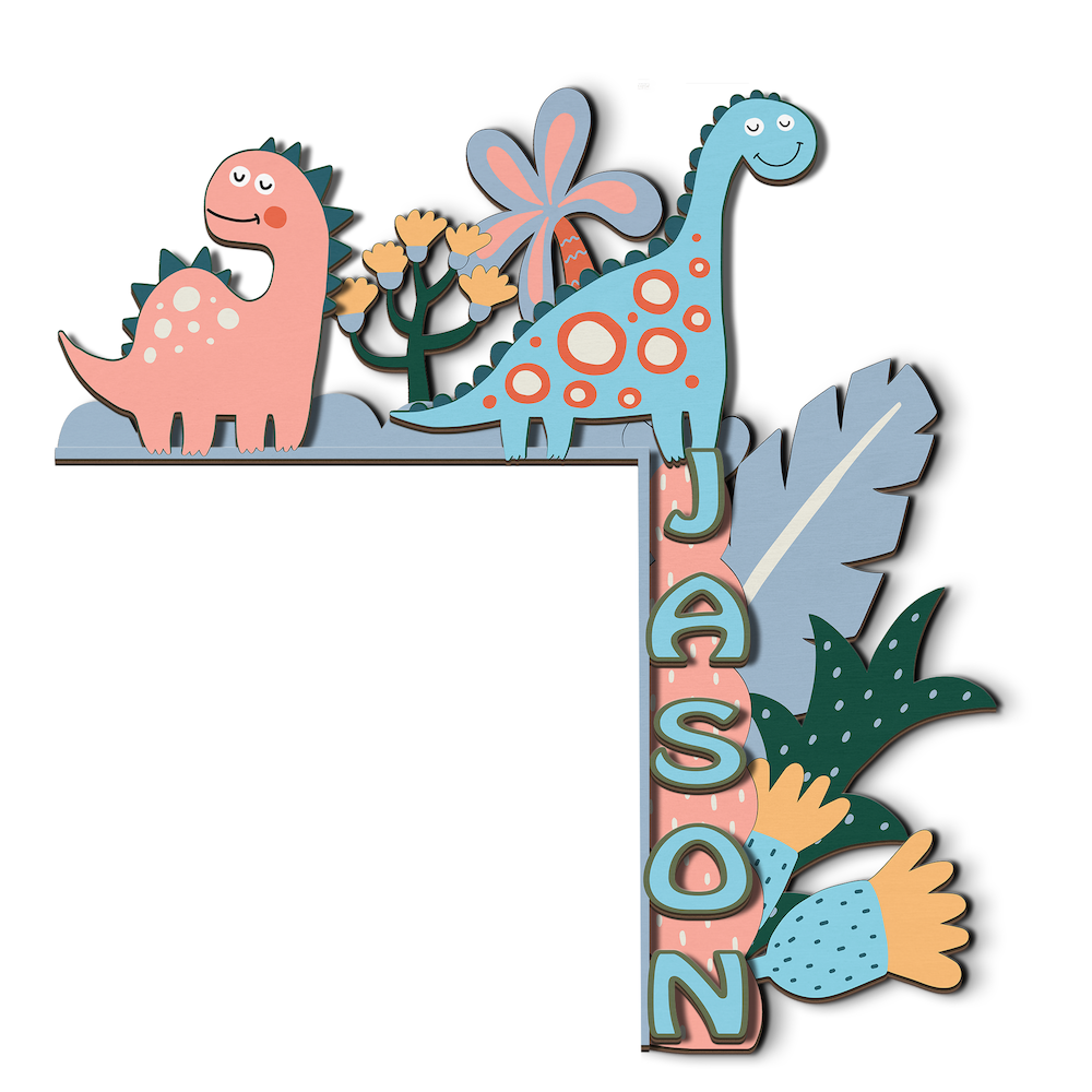PERSONALIZED Wooden Door Corner | CUSTOM Name Sign | Single/Double Layer | 10” & 15” Sizes | Kids Room Decor | Dinosaur Love