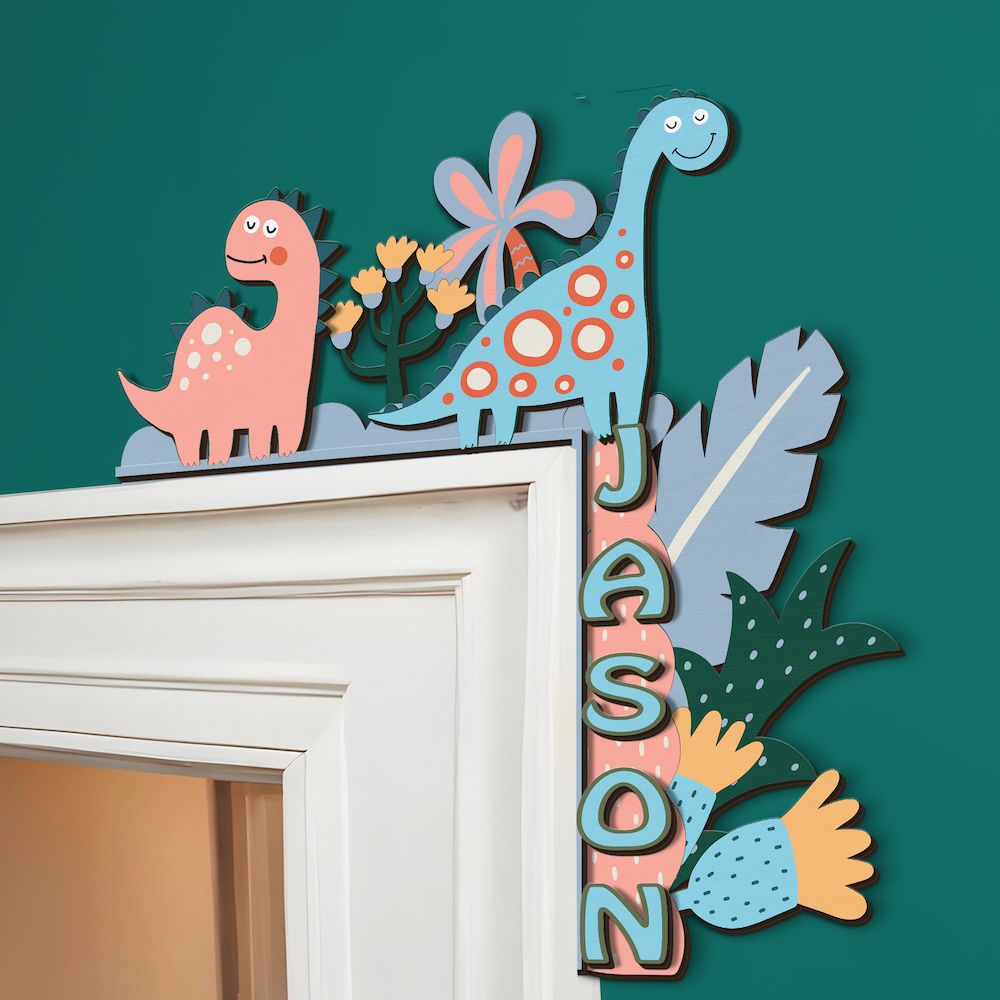 Double-layer personalized dinosaur wooden door name sign mounted at the corner of a white door