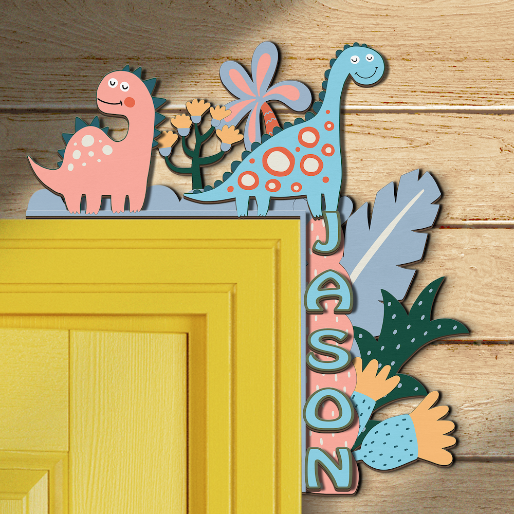 PERSONALIZED Wooden Door Corner | CUSTOM Name Sign | Single/Double Layer | 10” & 15” Sizes | Kids Room Decor | Dinosaur Love