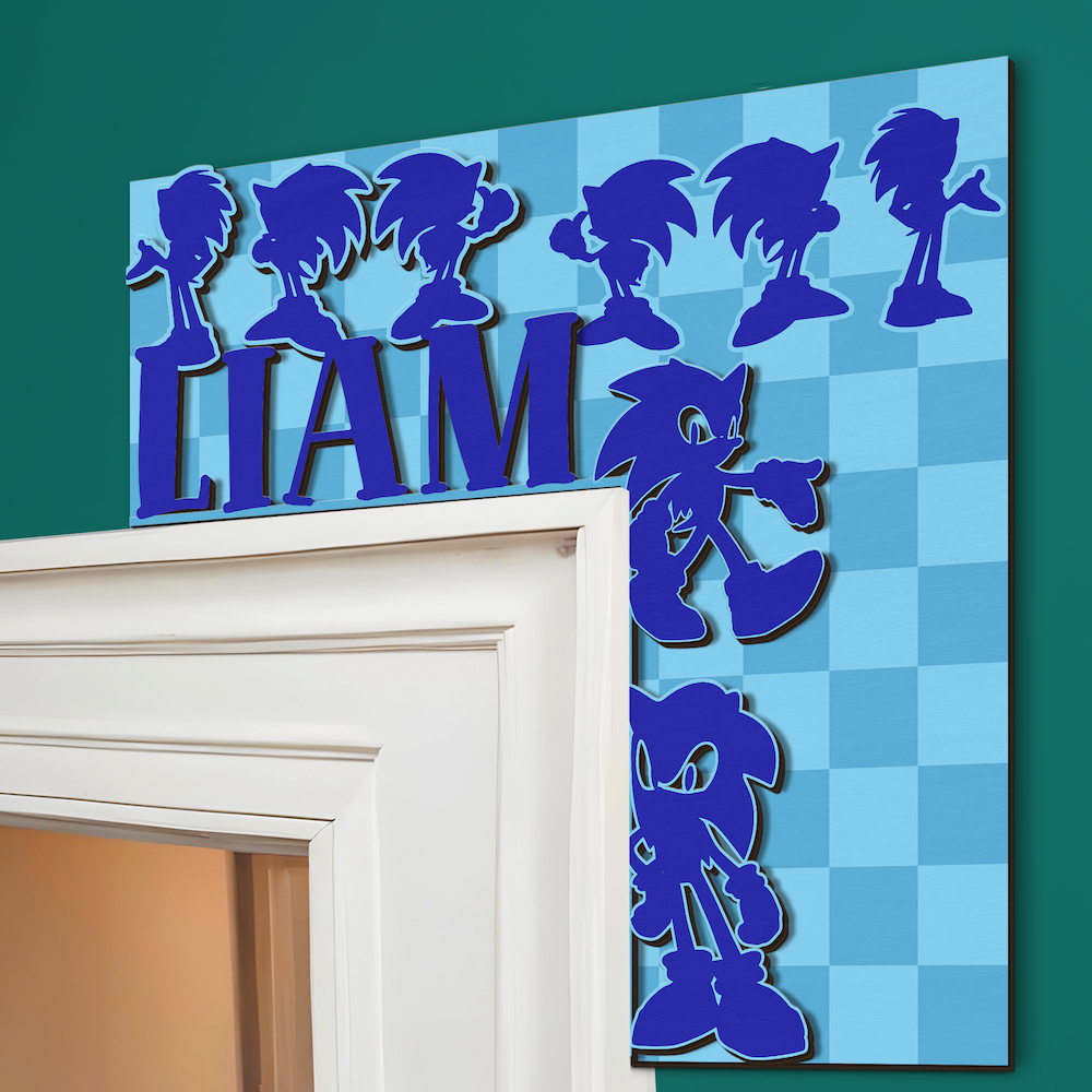 Double-layer personalized speed adventure wooden door name sign mounted at the corner of a white door