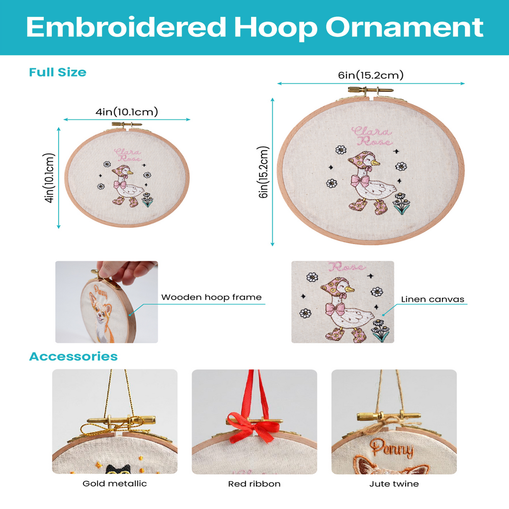Embroidered hoop ornament size specifications and product measurements