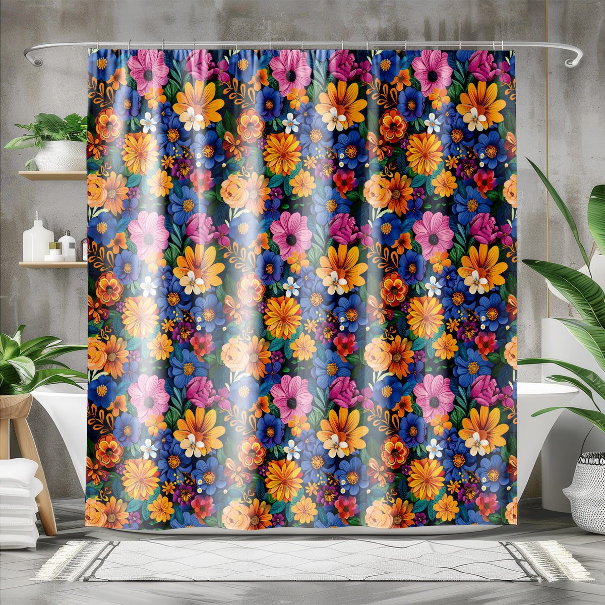 midnight wildflower shower curtain product mockup