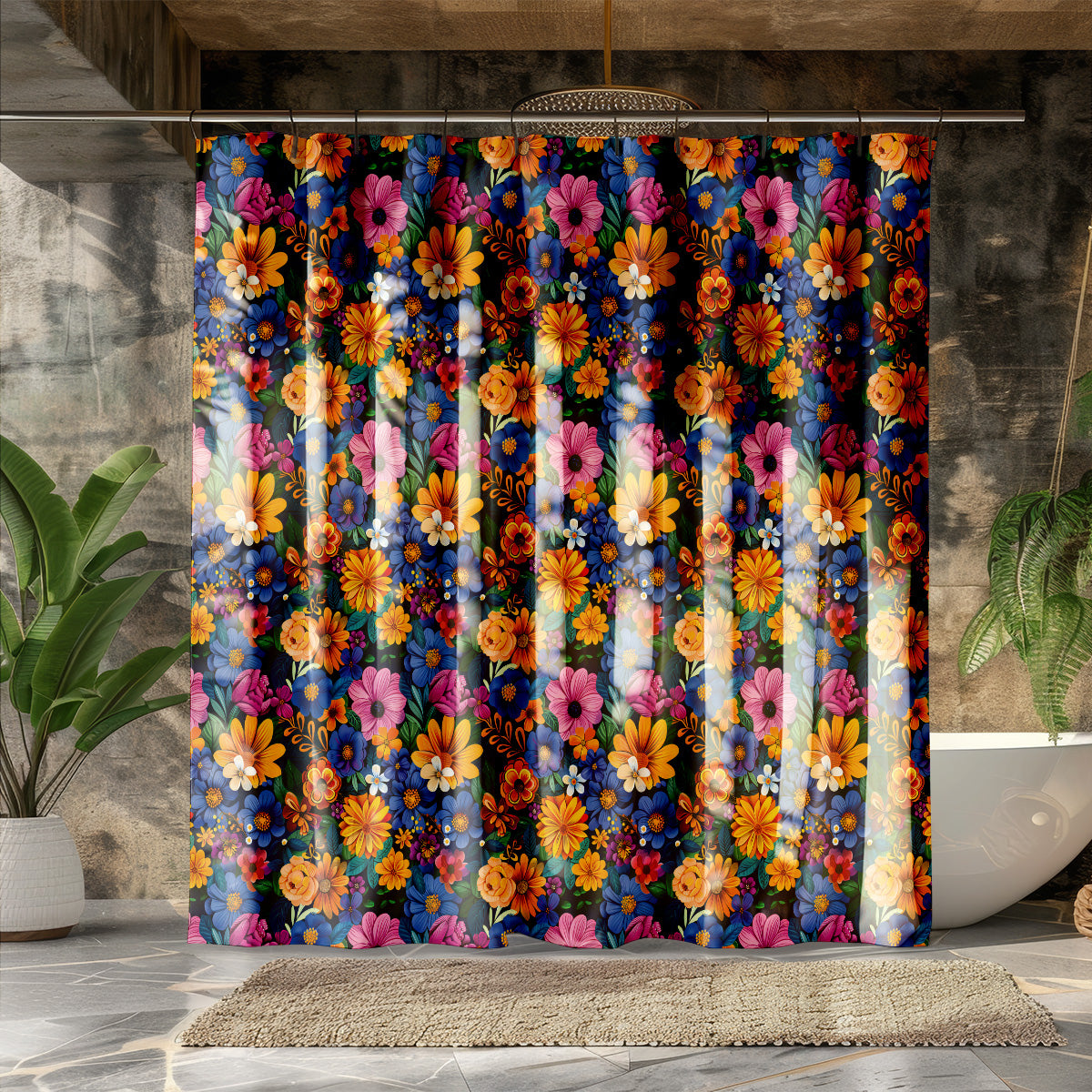 midnight wildflower shower curtain product mockup