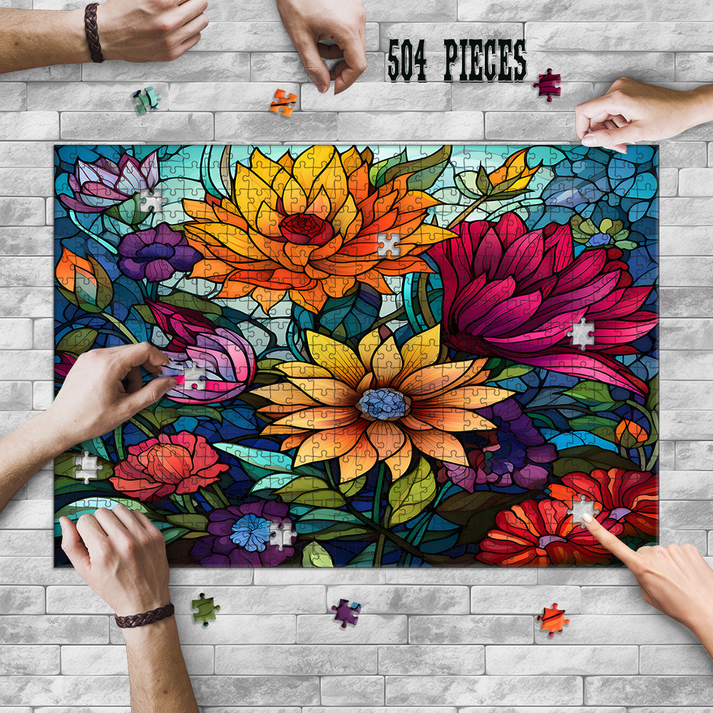Rectangle Puzzles for All Ages – High-Quality, Durable, and Fun Jigsaw with Precision Laser-Cut Pieces | Stained Glass Art Flower Power