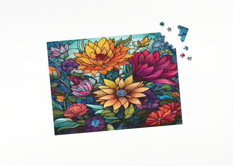 Rectangle Puzzles for All Ages – High-Quality, Durable, and Fun Jigsaw with Precision Laser-Cut Pieces | Stained Glass Art Flower Power