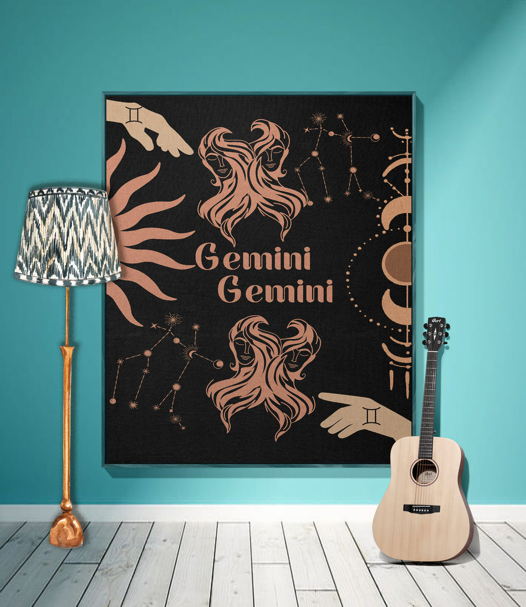 Gemini and Gemini Zodiac Compatibility Woven Throw Tapestry - Elevate home decor with this boho-inspired, celestial charm blanket. Perfect for astrology enthusiasts, featuring Gemini and Gemini sun signs, adding unique, artistic flair to your living space. Premium cotton, cozy, and decorative.