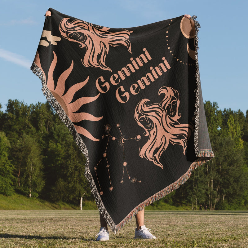 Gemini and Gemini Zodiac Compatibility Woven Throw Tapestry - Elevate home decor with this boho-inspired, celestial charm blanket. Perfect for astrology enthusiasts, featuring Gemini and Gemini sun signs, adding unique, artistic flair to your living space. Premium cotton, cozy, and decorative.