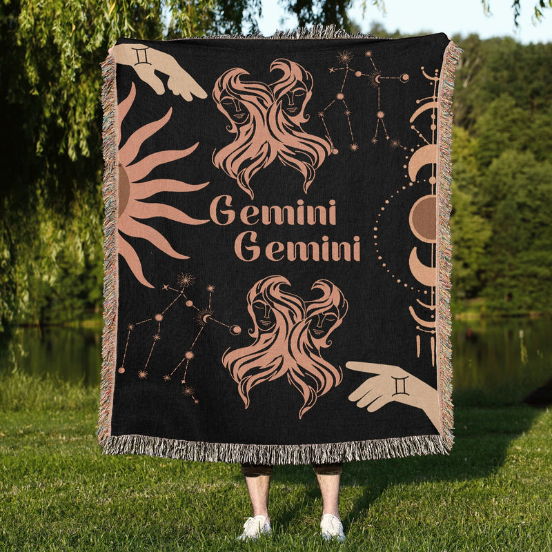 Gemini and Gemini Zodiac Compatibility Woven Throw Tapestry - Elevate home decor with this boho-inspired, celestial charm blanket. Perfect for astrology enthusiasts, featuring Gemini and Gemini sun signs, adding unique, artistic flair to your living space. Premium cotton, cozy, and decorative.